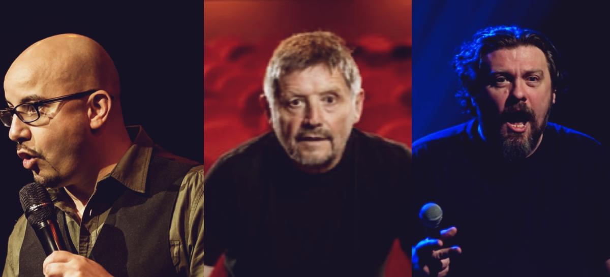 Drieluik met portretten van drie comedians