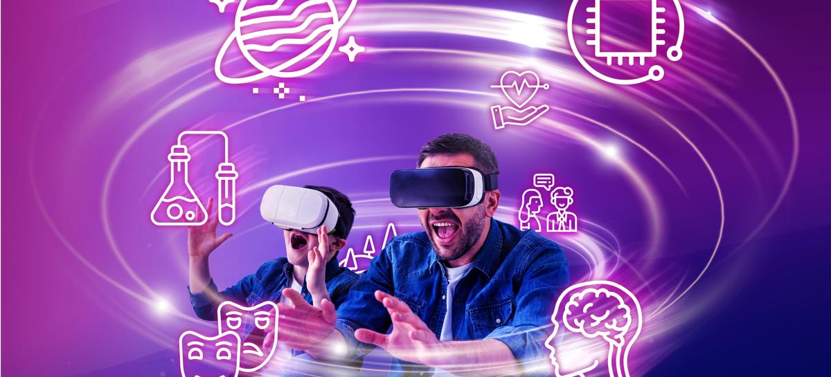 Een kind en vader met een VR-bril zien verschillende iconen