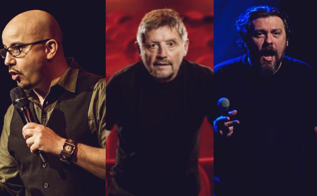 Drieluik met portretten van drie comedians
