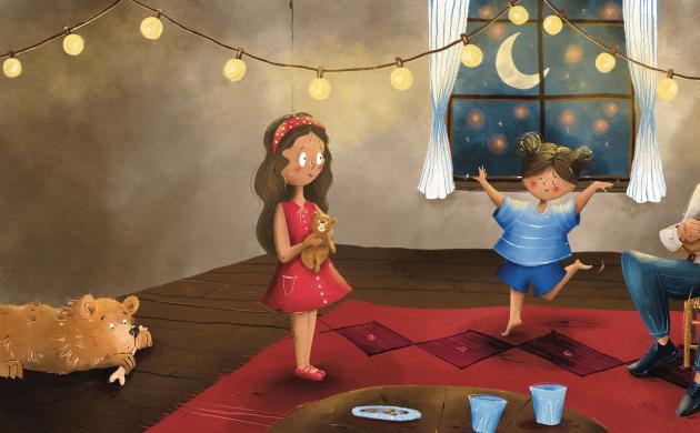 Illustratie van twee kinderen in een woonkamer met een opa