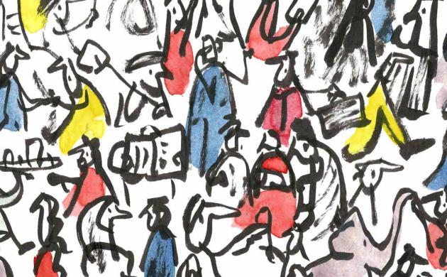 Illustratie met een mengelmoes van getekende mensen