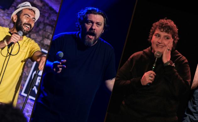 Portretfoto's van vier comedians met migratieroots, drie mannen en een vrouw