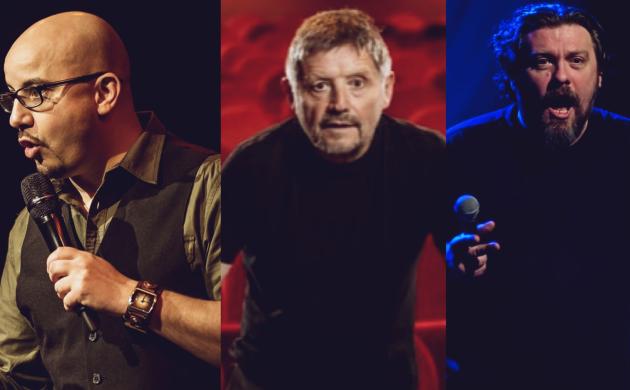 Drieluik met portretten van drie comedians