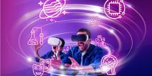 Een kind en vader met een VR-bril zien verschillende iconen
