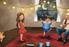 Illustratie van twee kinderen in een woonkamer met een opa