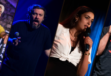 Banner met een portret van drie mannen en een vrouw die comedian zijn