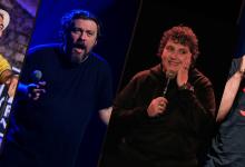 Portretfoto's van vier comedians met migratieroots, drie mannen en een vrouw
